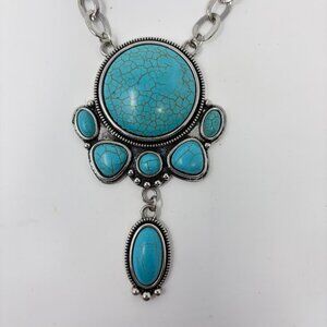 Western Turquoise Pendant Silver Toned Link Chain Adjustable Necklace w/ Stones